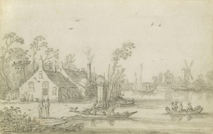 Esaias van de Velde -  A River Scene with Rowing Boats, Cottages on the Shore and a Windmill in the Distance | MasterArt